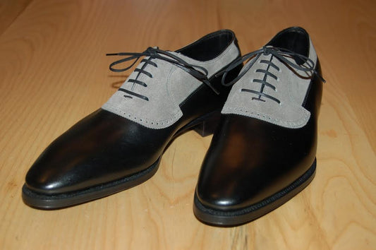 Handmade Men Dress Leather Two Tone Shoes, Black And Gray Formal Shoes