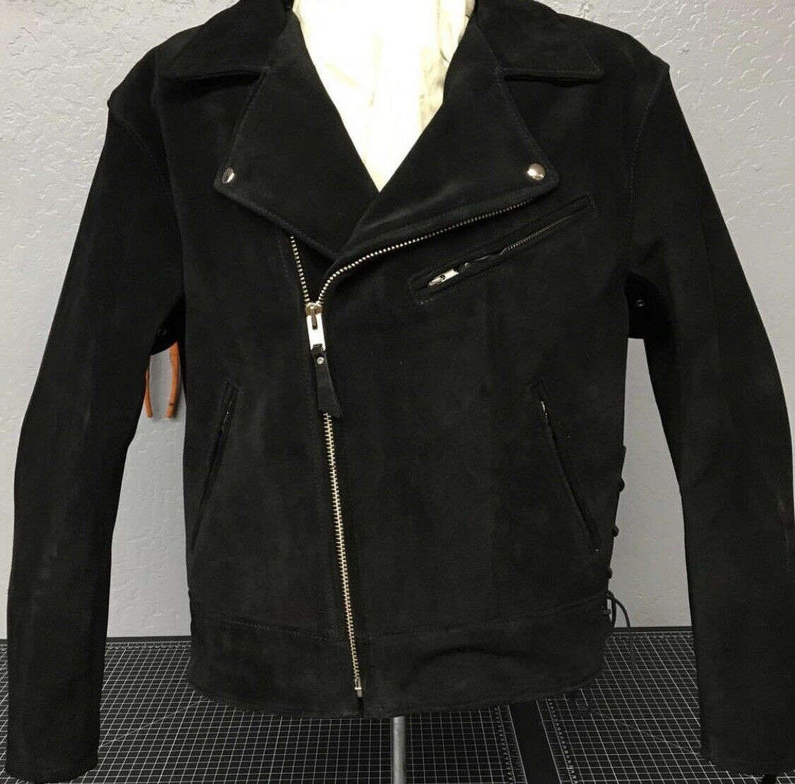Front Zipper Fasten Black Suede Biker Jacket
