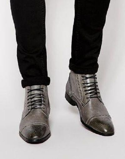 Handmade Men Gray Leather Brogue Ankle High Boots, Lace Up Leather Boot