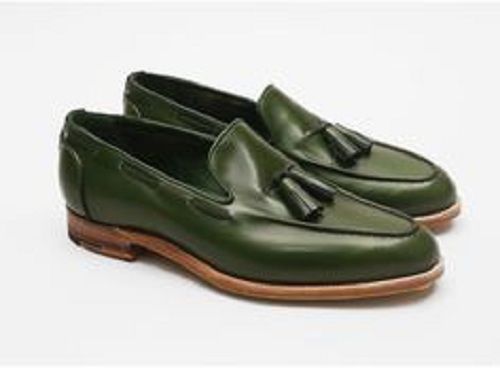 Handmade Men Green Color Tassels Shoes, Green Leather Loafer Moccasins