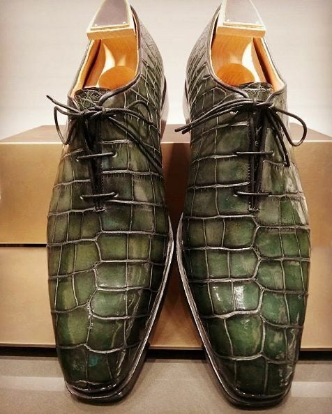 Handmade Men green crocodile shoes, Men alligators lace up dress shoes