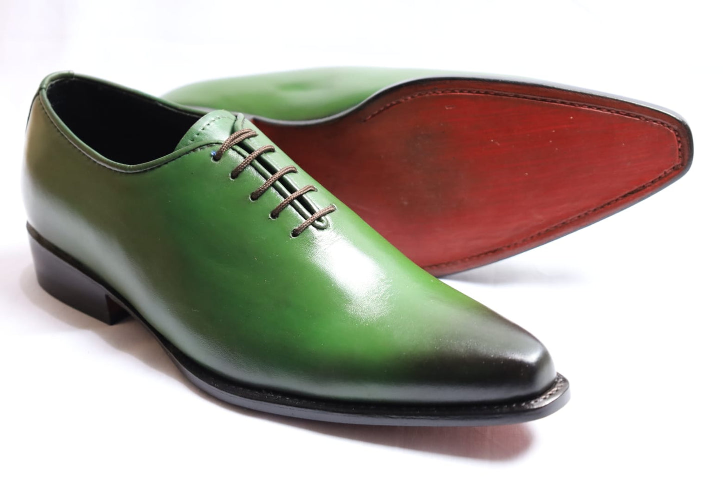 Handmade Men green leather dress shoes, Men pointed toe lace up shoes