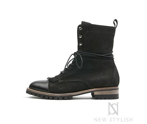 Handmade Men High Ankle Suede And Leather Combat Boot, Tassel Black Boot