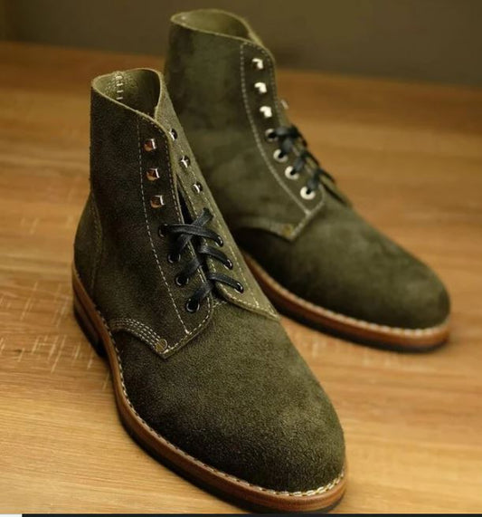 Handmade Men Hunter green Suede Lace up ankle boots, Men green casual boots