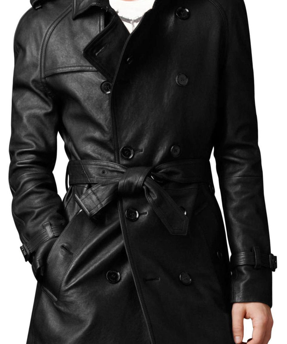 Men's Belted Leather Trench Coat in Genuine Cowhide