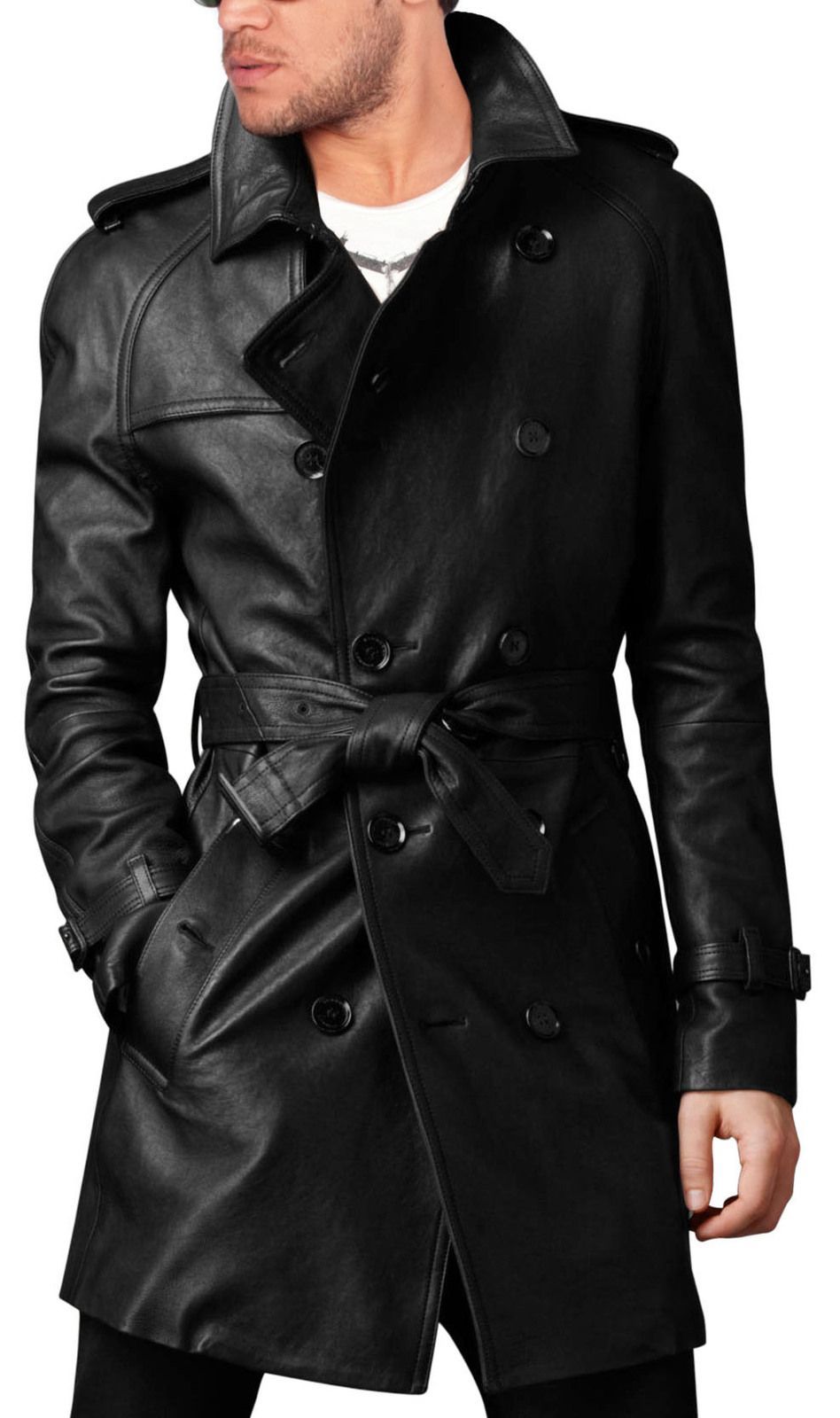 Men's Belted Leather Trench Coat in Genuine Cowhide