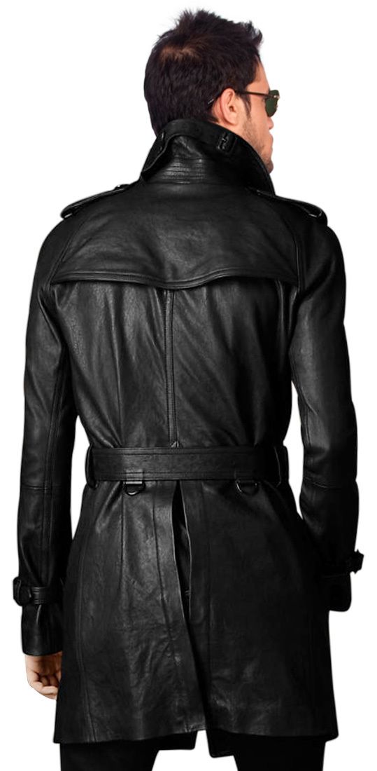 Men's Belted Leather Trench Coat in Genuine Cowhide - Image 2