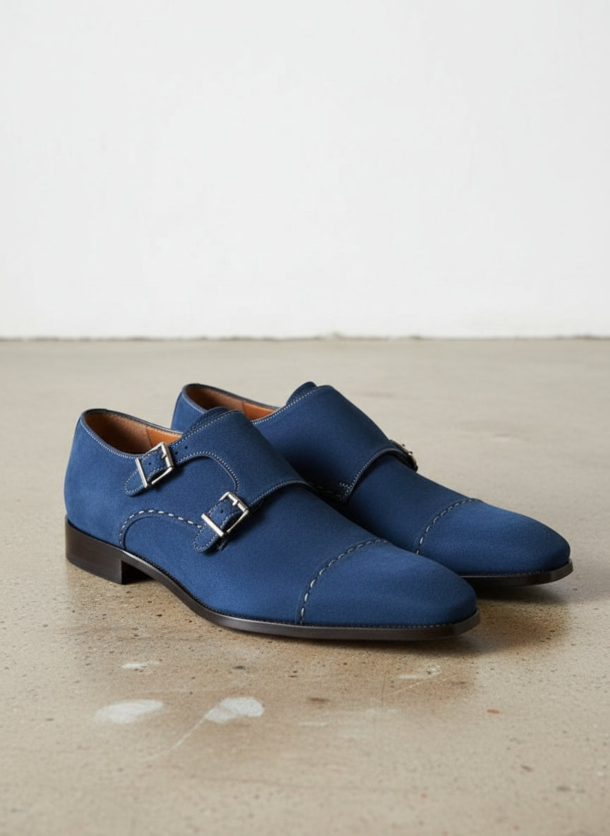 Handmade Men Monk Strap Shoes, Suede Shoes, Royal Blue Shoes, Formal Shoes - angle-view-showing-depth