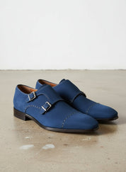 Handmade Men Monk Strap Shoes, Suede Shoes, Royal Blue Shoes, Formal Shoes - angle-view-showing-depth