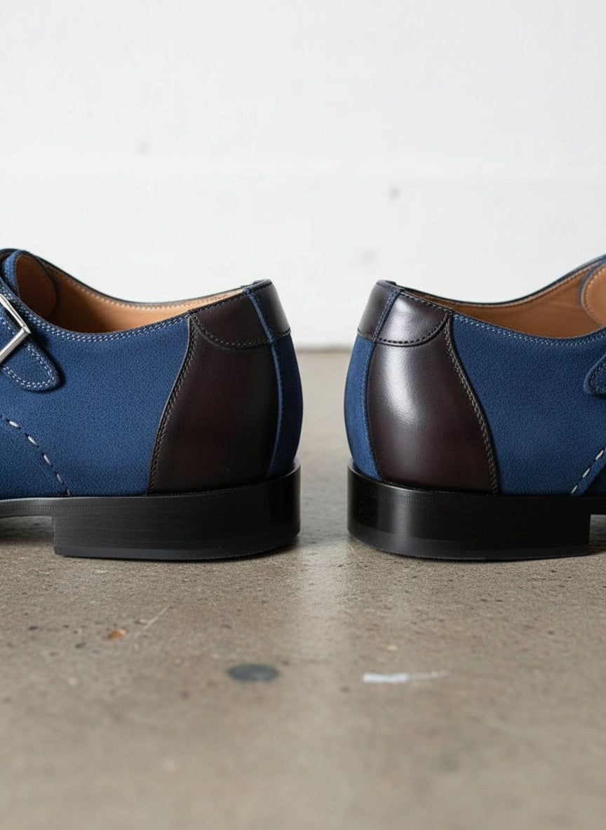 Handmade Men Monk Strap Shoes, Suede Shoes, Royal Blue Shoes, Formal Shoes - detail-view-showing-texture