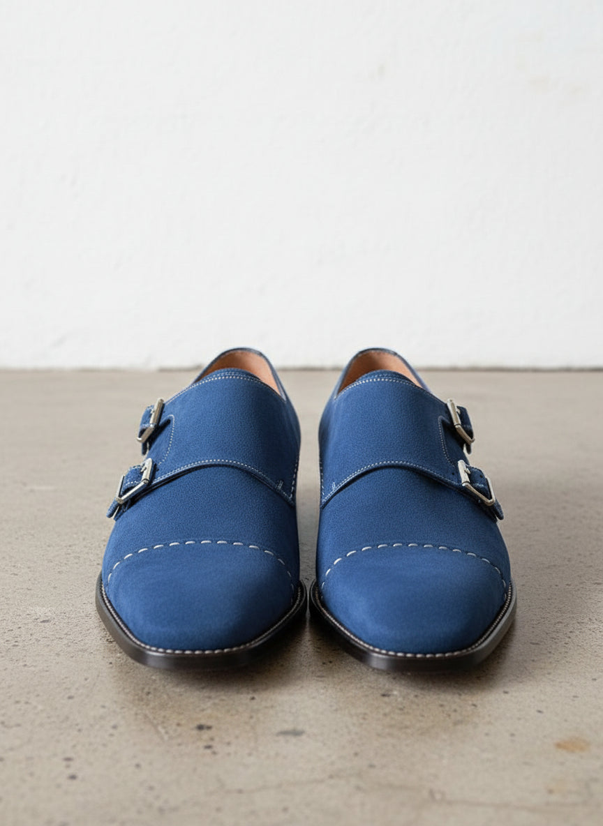 Handmade Men Monk Strap Shoes, Suede Shoes, Royal Blue Shoes, Formal Shoes - front-view