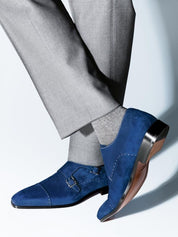 Handmade Men Monk Strap Shoes, Suede Shoes, Royal Blue Shoes, Formal Shoes