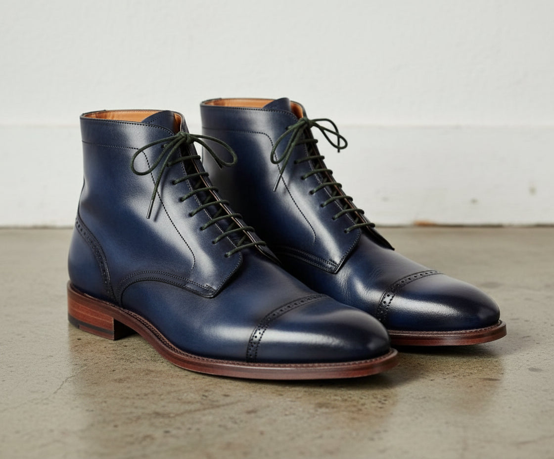 Handmade Men Navy blue Lace up Leather ankle boots, Blue leather dress boot - 3-4-right-view