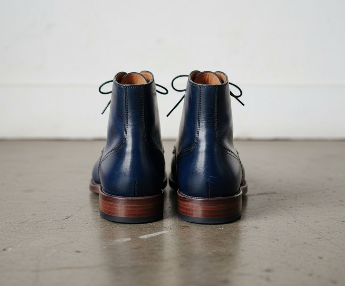 Handmade Men Navy blue Lace up Leather ankle boots, Blue leather dress boot - back-view