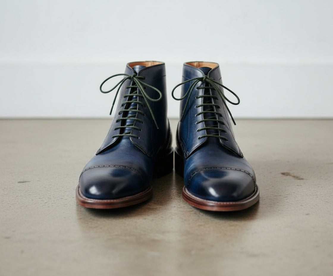 Handmade Men Navy blue Lace up Leather ankle boots, Blue leather dress boot - front-view