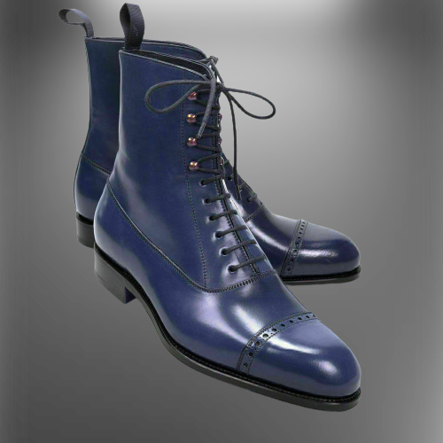 Handmade Men Navy blue Leather ankle boots, Men blue cap toe dress boots