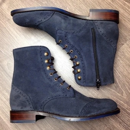 Handmade Men Navy blue Suede ankle zipper boots, ankle high boot