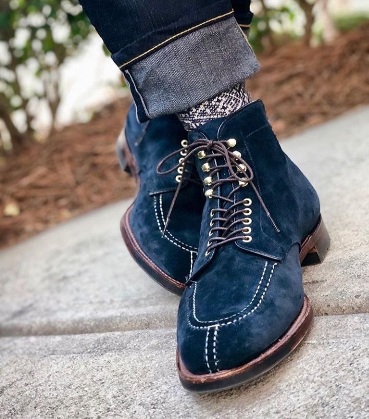 Handmade Men Navy Blue Suede Lace Up Ankle High Boots, Blue Suede Boots