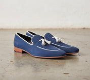 Handmade Men Navy Blue Suede Leather Tassels Moccasins Shoes Loafer Silpons - 3-4-right-view