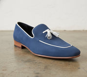Handmade Men Navy Blue Suede Leather Tassels Moccasins Shoes Loafer Silpons - detail-view-showing-texture