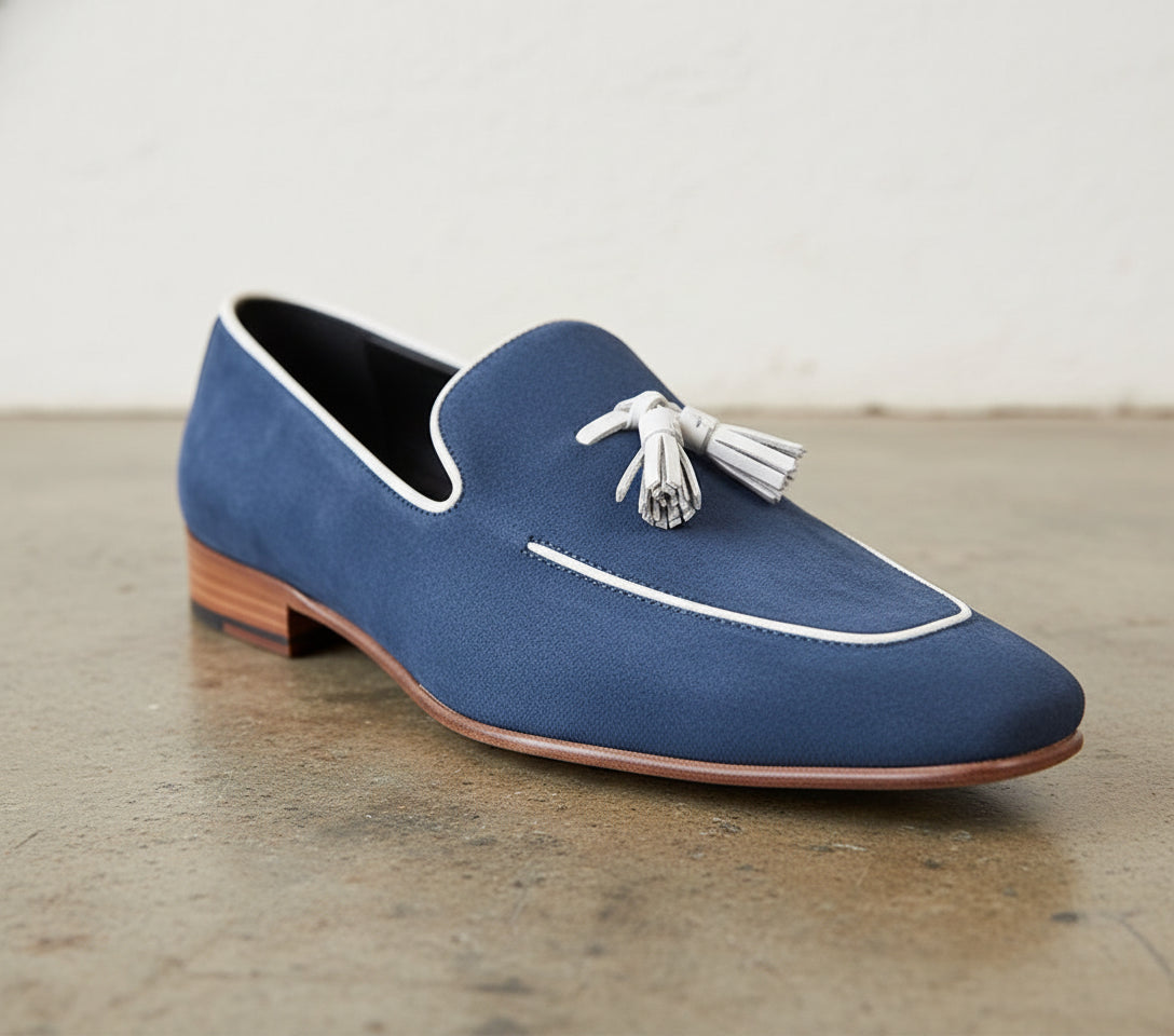 Handmade Men Navy Blue Suede Leather Tassels Moccasins Shoes Loafer Silpons - detail-view-showing-texture