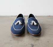 Handmade Men Navy Blue Suede Leather Tassels Moccasins Shoes Loafer Silpons - front-view