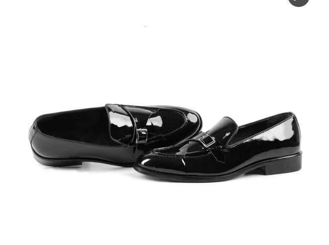 Men's Black Patent Leather Monk Shoes - Image 2