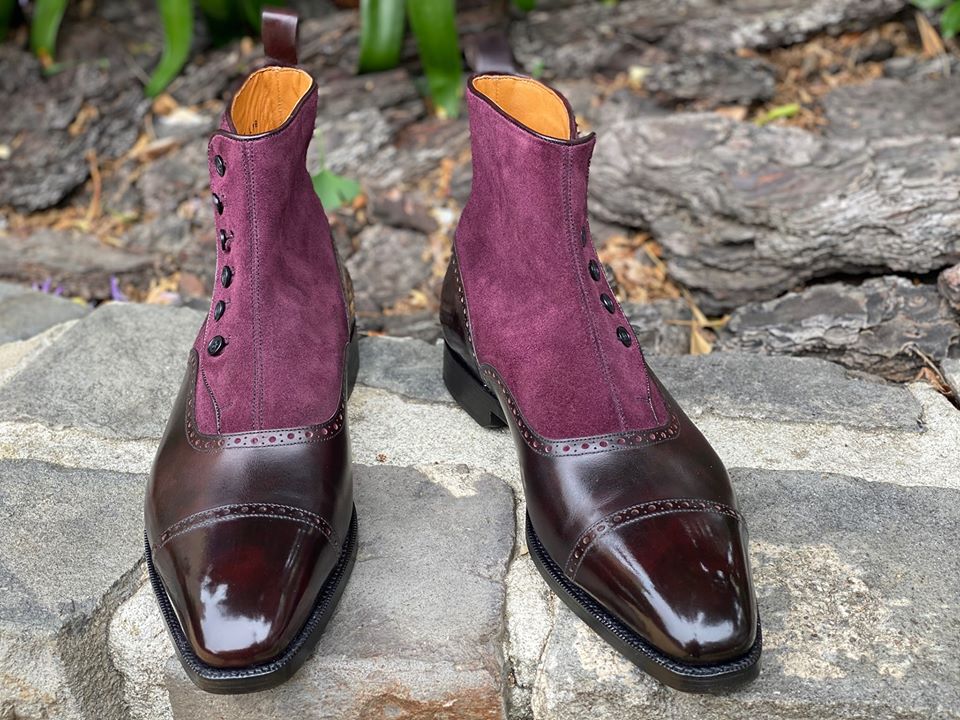 Handmade Men purple leather and suede ankle boots with buttoned closure