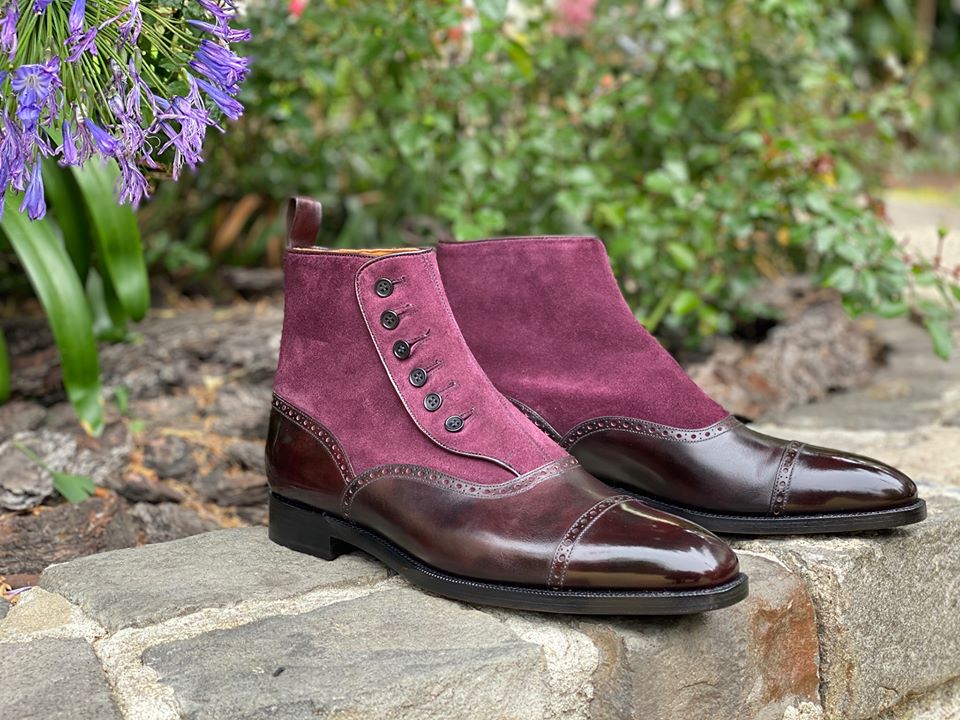 Handmade Men purple leather and suede ankle boots with buttoned closure