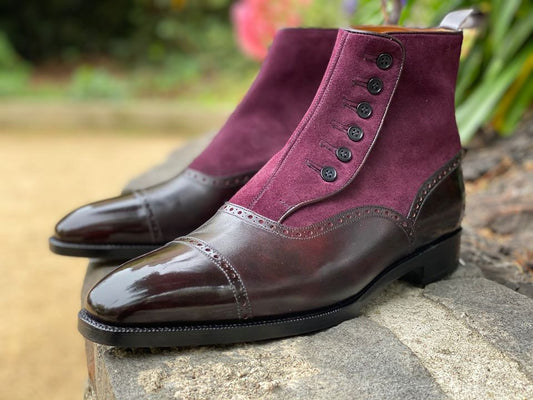 Handmade Men purple leather and suede ankle boots with buttoned closure