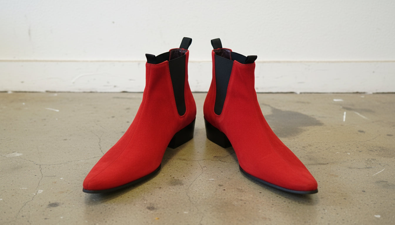 Handmade Men Red color Suede Pointed toe Chelsea Boots - angle-view-showing-depth