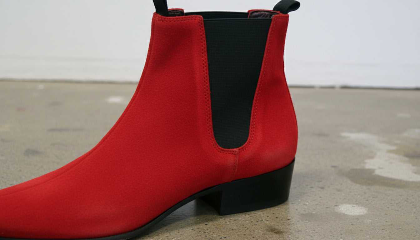 Handmade Men Red color Suede Pointed toe Chelsea Boots - detail-view-showing-texture