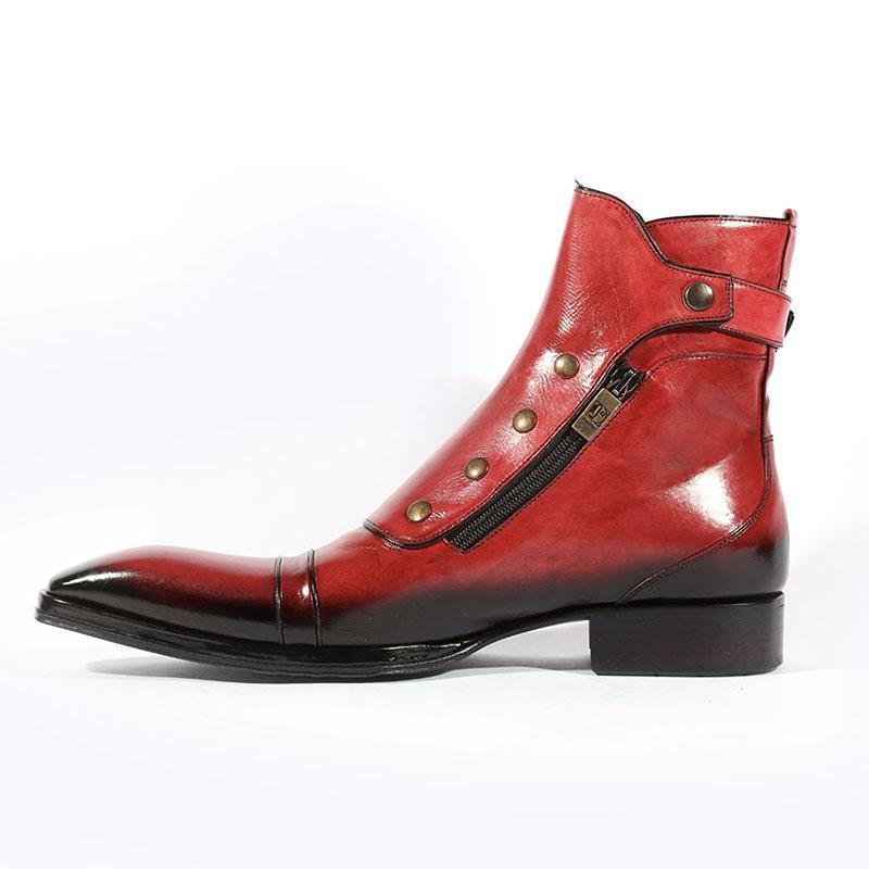 Handmade Men Red Side Button, Side Zipper High Ankle Strap Leather Boots