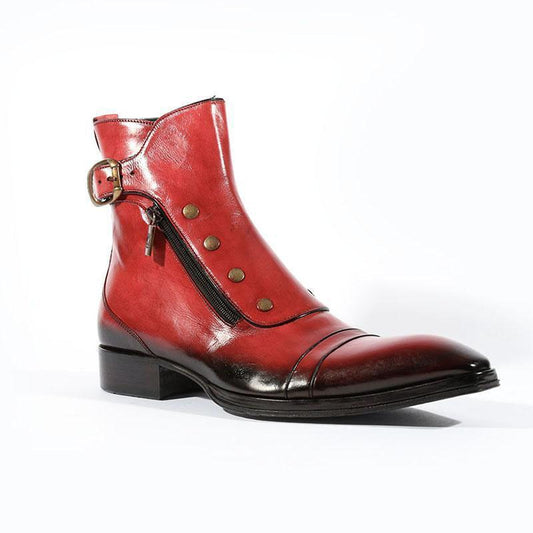 Handmade Men Red Side Button, Side Zipper High Ankle Strap Leather Boots