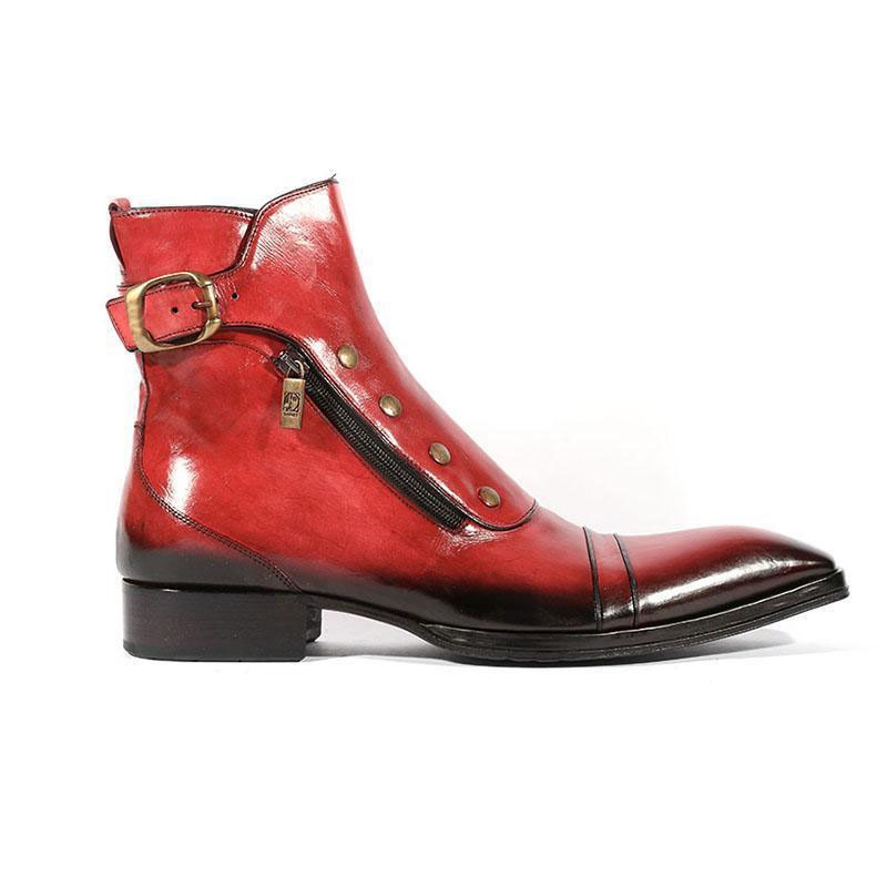 Handmade Men Red Side Button, Side Zipper High Ankle Strap Leather Boots