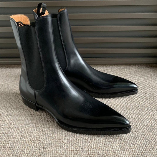 Handmade Mens Black leather High ankle Chelsea Pointed toe boots