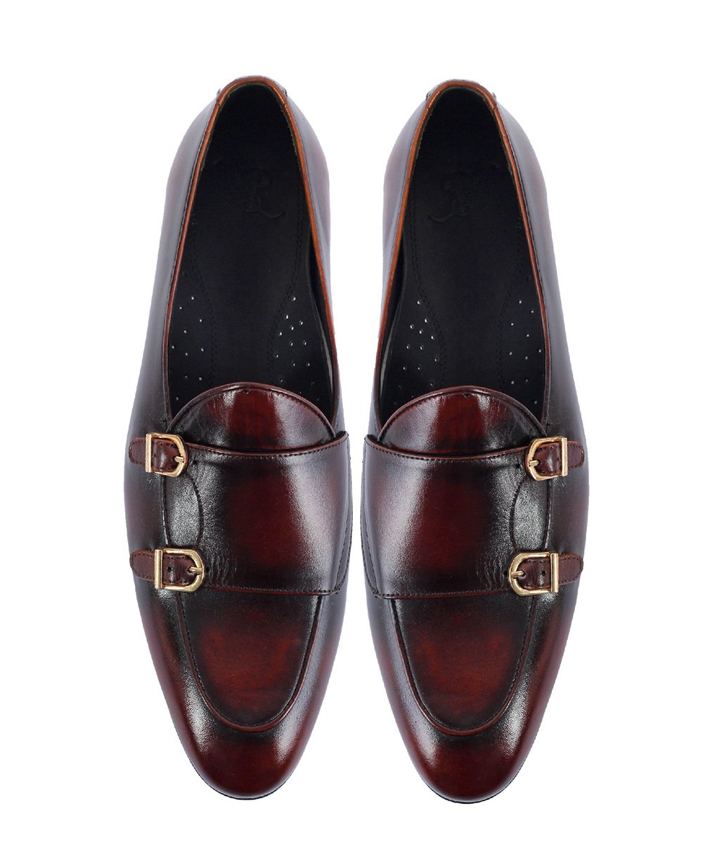 Handmade Men Shaded Burgundy Leather Double Monk Shoes, Belgian Monk Loafer