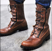 Handcrafted Men's Antique Brown Biker Boots with Side Zipper and Lace-Up Closure