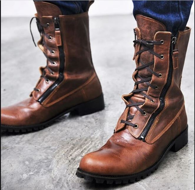 Handcrafted Men's Antique Brown Biker Boots with Side Zipper and Lace-Up Closure