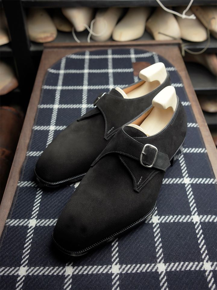 Handmade Men Square toe dress shoes, black suede buckle business shoes