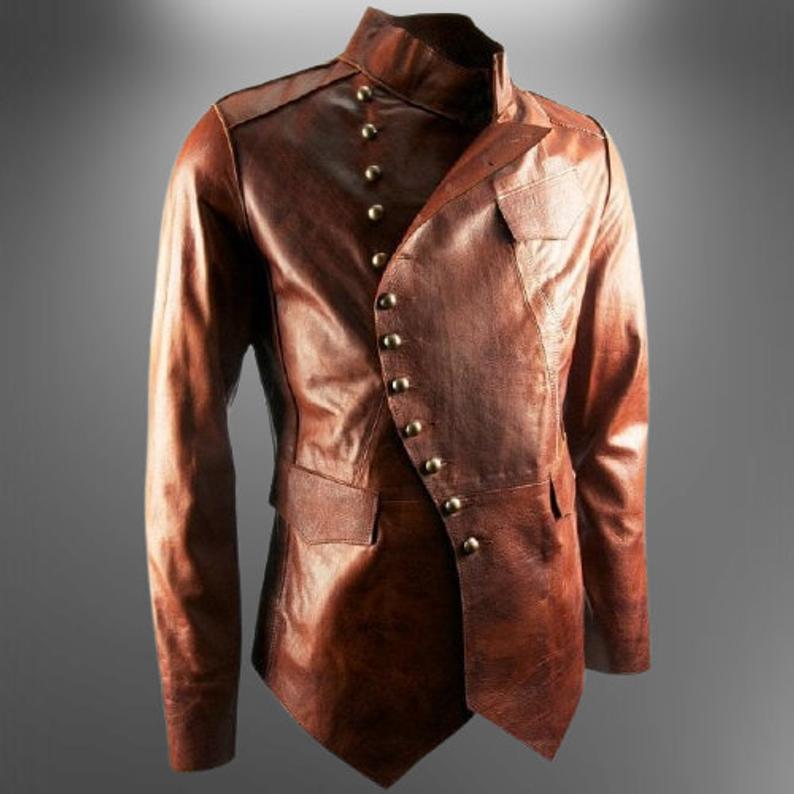 Men's Steampunk Leather Long Jacket