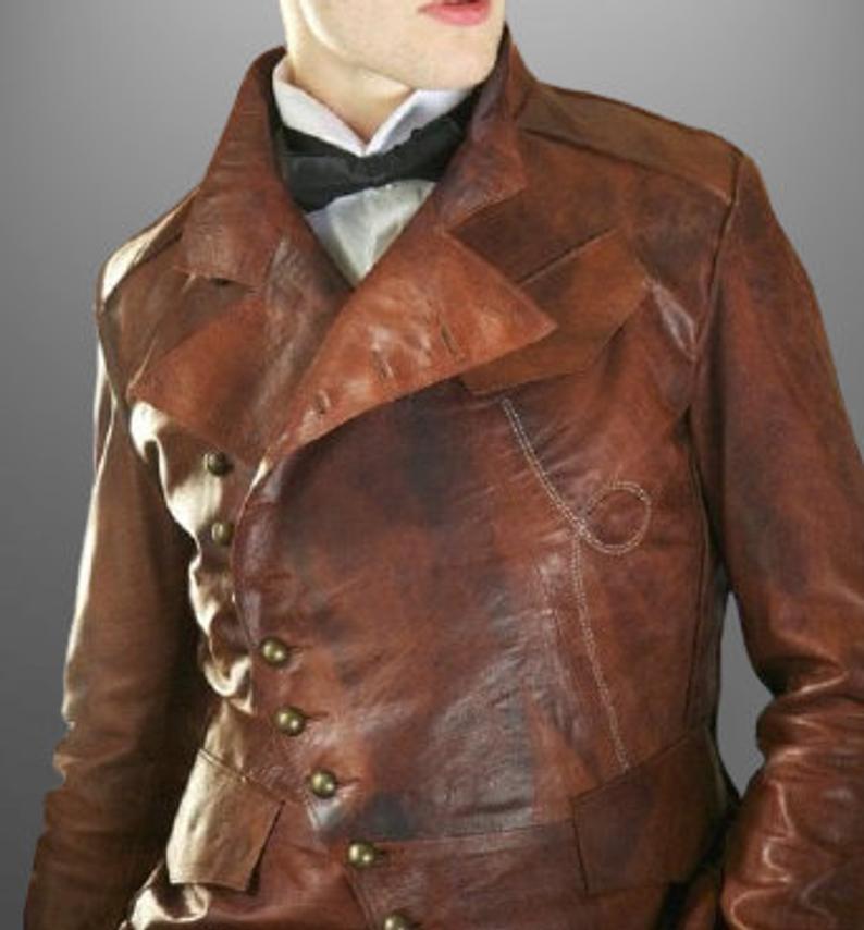 Men's Steampunk Leather Long Jacket - Image 4