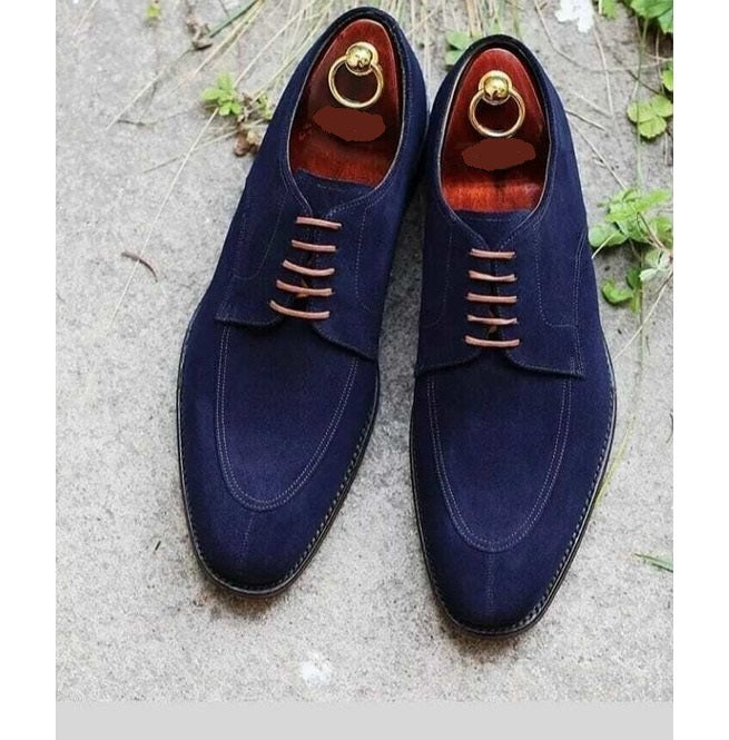 Handmade Men Suede Navy Blue Lace up Closure Dress Shoes, Dress Shoes