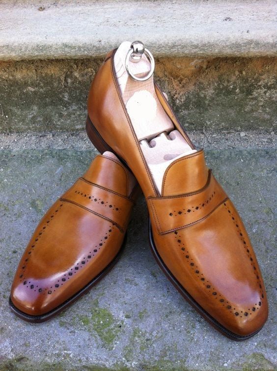 Handmade Men Tan Brown Brogue Leather Shoes, Leather Moccasins Loafer