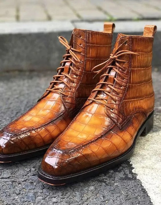 Handmade men tan brown crocodile ankle boots, lace up formal dress boots