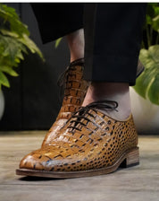 Handmade Men Tan Brown Dress Shoes, Men Crocodile Leather Oxfords Shoes - Image 4