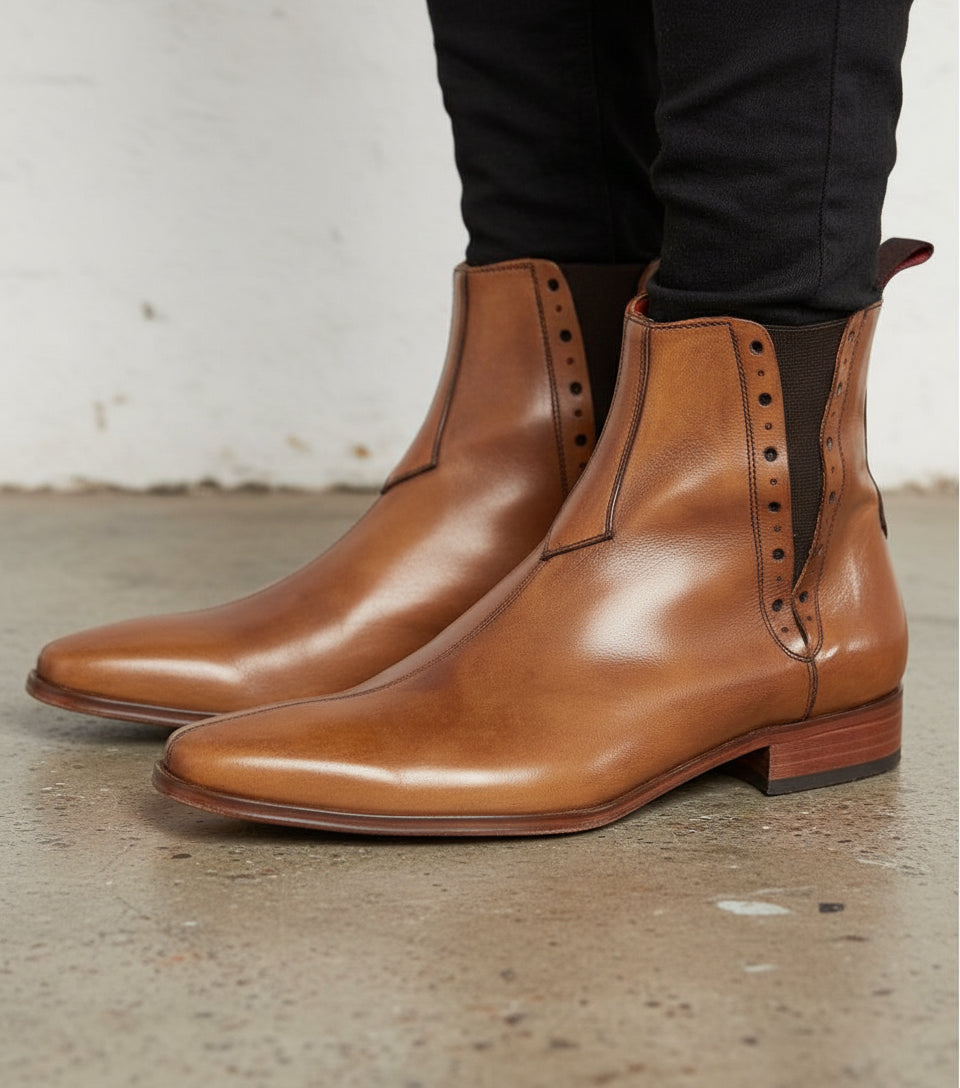 Handmade Men Tan Color Chelsea Brogue Ankle Boots, Ankle Leather Boots