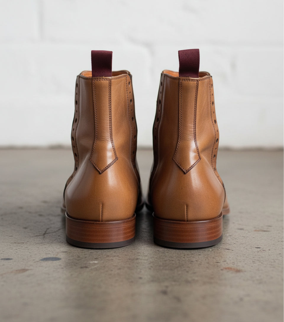 Handmade Men Tan Color Chelsea Brogue Ankle Boots, Ankle Leather Boots