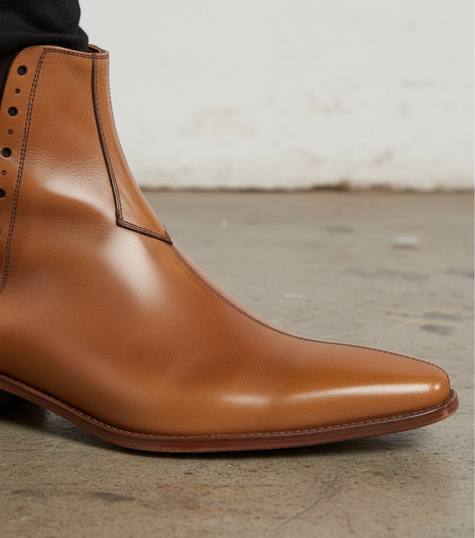 Handmade Men Tan Color Chelsea Brogue Ankle Boots, Ankle Leather Boots