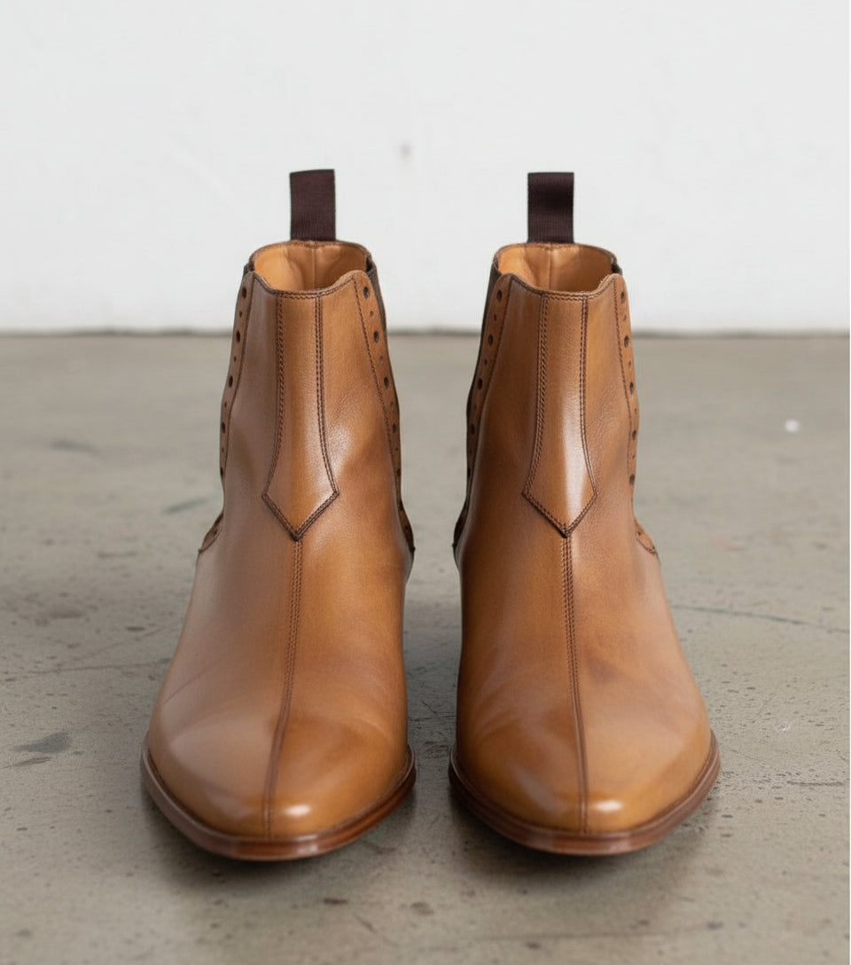 Handmade Men Tan Color Chelsea Brogue Ankle Boots, Ankle Leather Boots